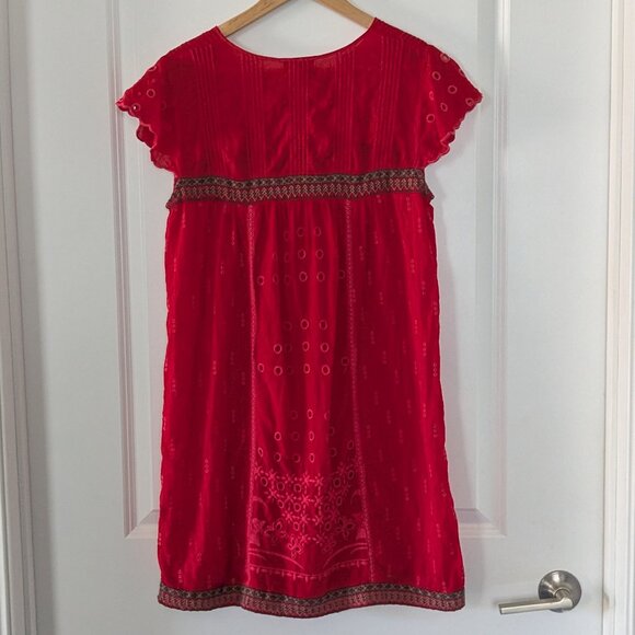 Johnny Was Dress Women's Small Red Eyelet Embroidered Scalloped V-Neck Babydoll - Picture 11 of 16